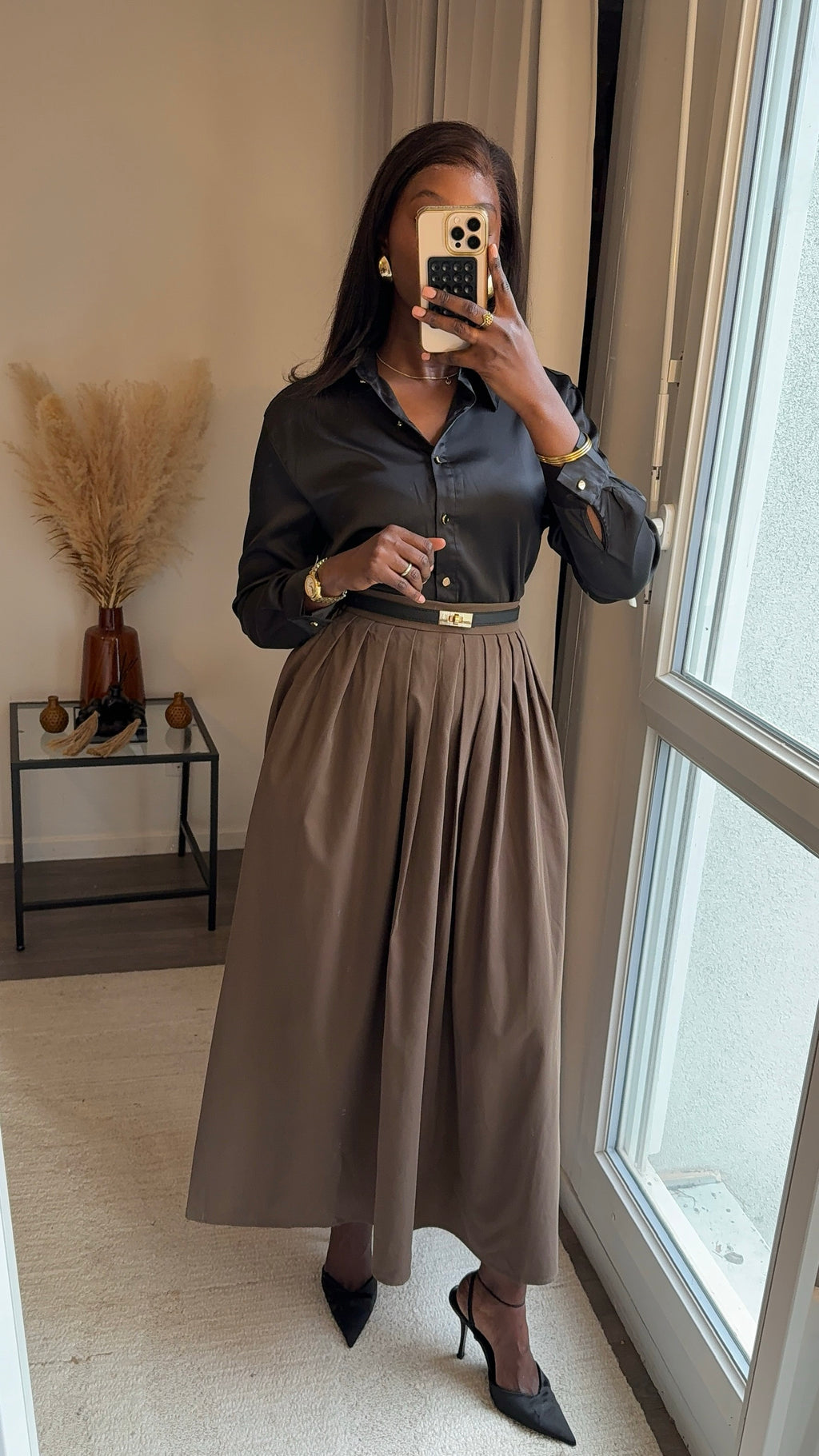 Jupe plissée longue avec poches - Taupe