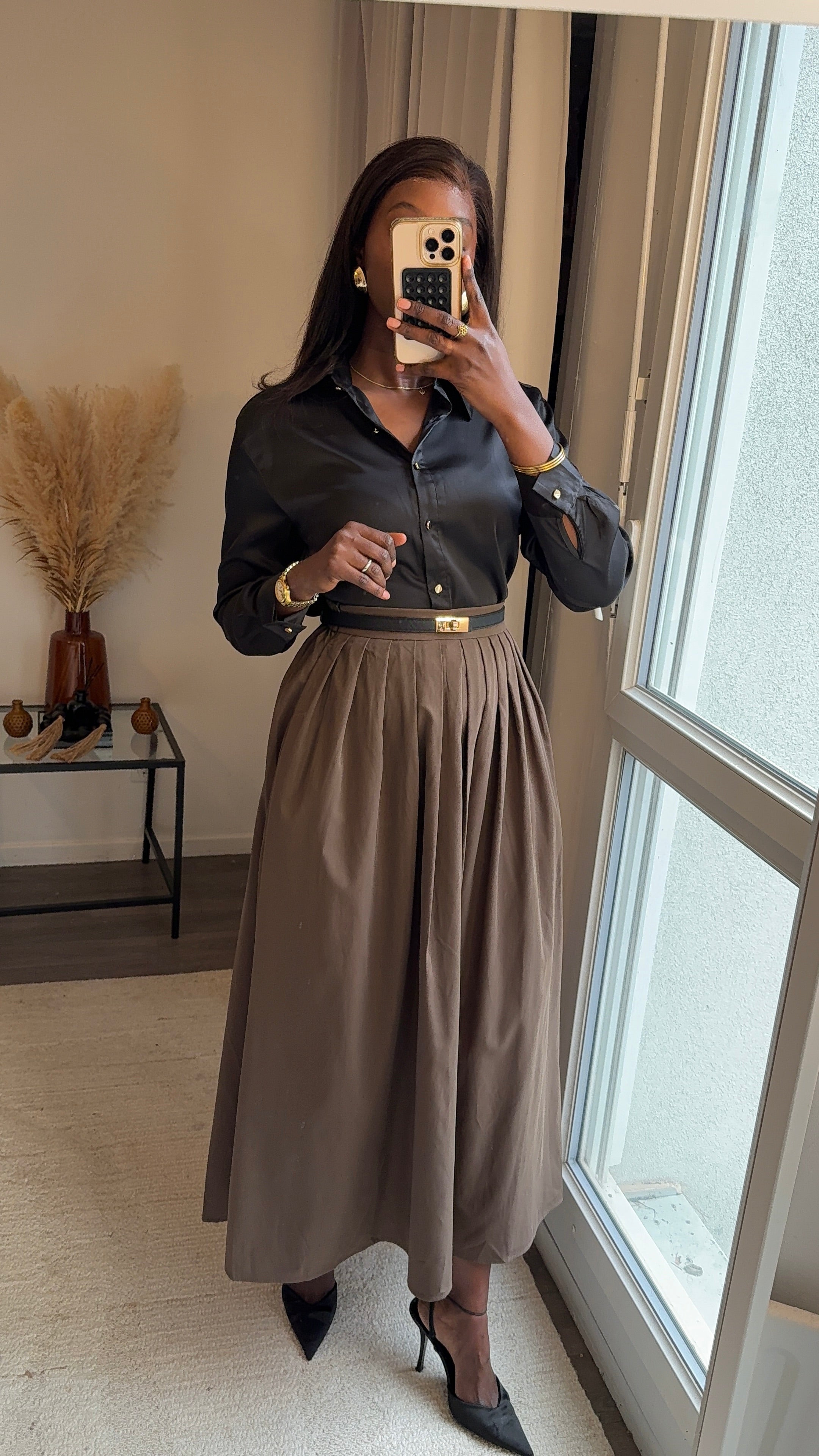 Jupe plissée longue avec poches - Taupe